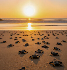 Sea Turtle Hatchlings Crawling on Sandy Beach at Sunset