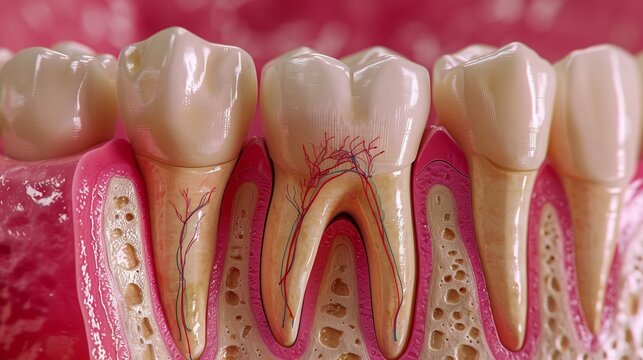 Cross section of a bicuspid tooth showing an abscessed pulp chamber before undergoing root canal therapy