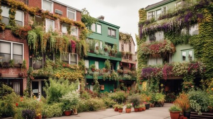 Fototapeta premium Urban buildings adorned with lush greenery.
