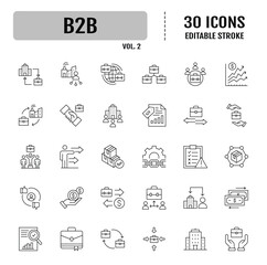 B2B icon set. Business to business, supplier, commerce, vendor, enterprise, partnership, manufacturer, purchase order, supply chain, transaction, quotation and more. Vector illustration