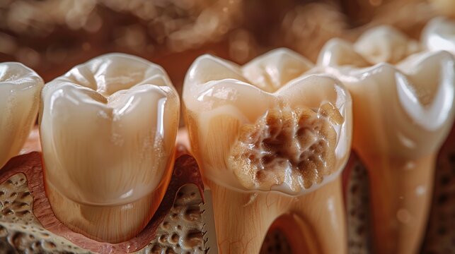 Cross section of a bicuspid tooth showing an abscessed pulp chamber before undergoing root canal therapy