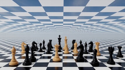 Infinite Checkered Battlefield: A Surreal Chess Confrontation Under a Vast Sky