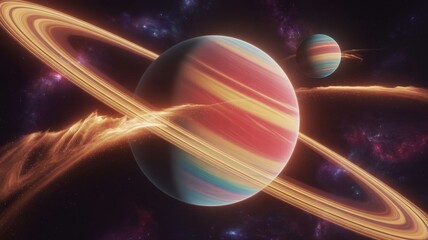 Interstellar Vista Featuring Two Vibrant Ringed Planets and Cosmic Dust