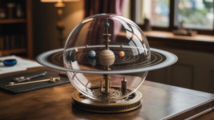 Intricate Ornate Orrery Model of Solar System Displayed on a Polished Wooden Desk in a Study