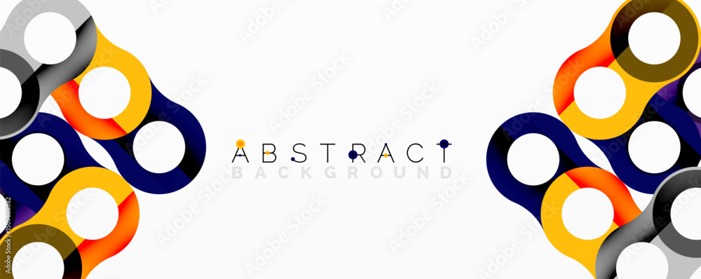 Poster Modern design features colorful overlapping circles, squares. Bright hues create dynamic visual effect. Minimalist style, clean background.