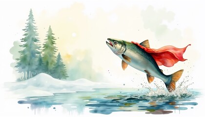 Superhero salmon oncas leaps from icy water. Salmon in red cape jumps high above snowy riverbank.symbolizing nature&rsquo;s strength, fresh water greens and blues for Earth Day background