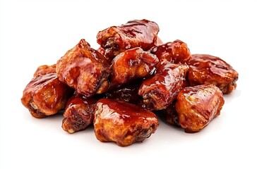  Smoky, sweet sauce-coated chicken wings, photographed against a white background. 