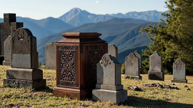 Old gravestones surrounded by mountains in a tranquil cemetery  