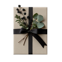 Beautifully wrapped gift box with black ribbon and eucalyptus sprigs creates elegant and natural presentation, perfect for special occasions