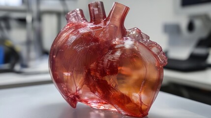 A translucent red anatomical model of a human heart
