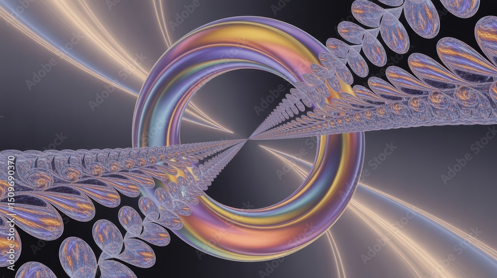 Wall mural lustrous chromatic donut intersected by pearlescent fractal dimensions in lighted space