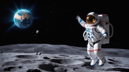 Obraz premium Lunar Pioneer Waves from Moon's Surface, Earth Shines in Cosmic Vastness Far Beyond