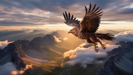 Majestic Eagle Soaring Above Sun-Drenched Mountain Peaks Amidst Ethereal Clouds