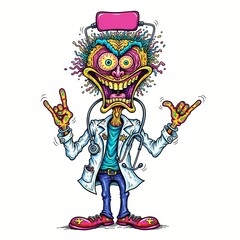 cartoon caricature illustration of a crazy, funny, wild, doctor, healthcare, silly, goofy, humor, expressive, caricature, low brow, crazy, humor, creature, exaggerated, goofy, weird, wacky doctor, doc