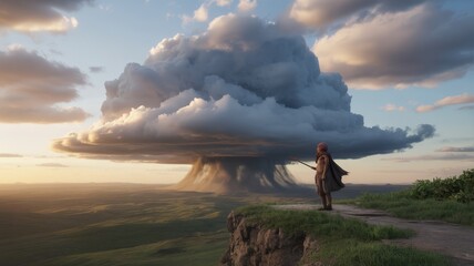 Majestic Storm Cloud Looms Over a Solitary Observer in a Vast Landscape