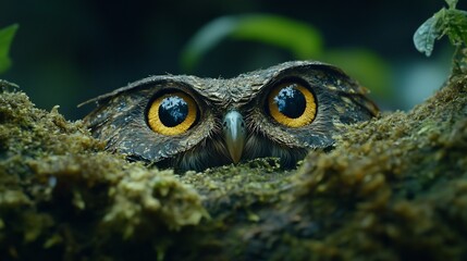 Cryptic owl butterfly resting on a mossy branch its wing patterns mimicking the face of a predatory bird extreme close up