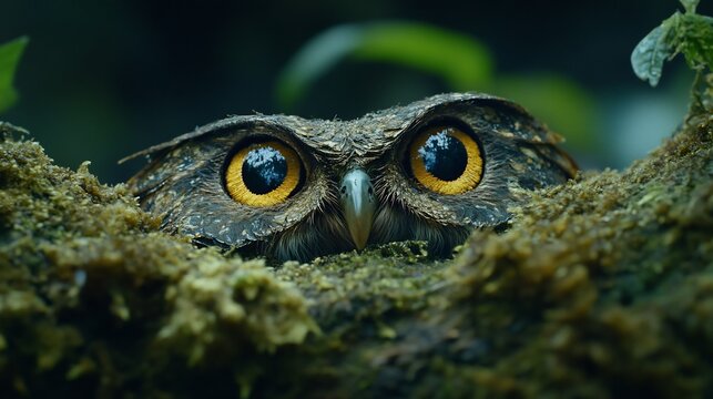 Cryptic owl butterfly resting on a mossy branch its wing patterns mimicking the face of a predatory bird extreme close up