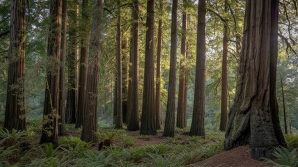Obraz premium Majestic Redwood Giants Standing Tall in Sun-Dappled Ancient Forest Grove