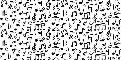 Seamless pattern of charcoal scribble music notes. Handwritten black pop doodles for fun, vibrant designs. Vector illustration of a cute childish music school pastel or wax pencil signs.