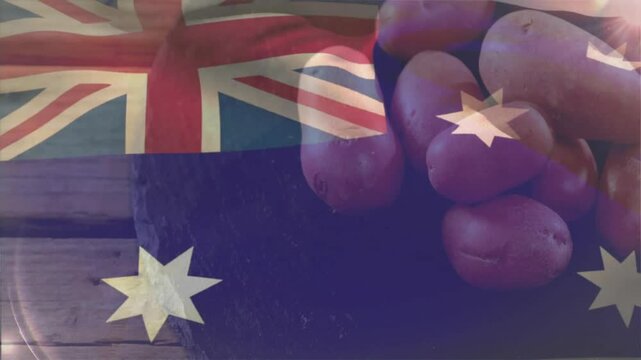 After close-up, Australian flag overlay fading in over red potatoes and slate highlighting origin