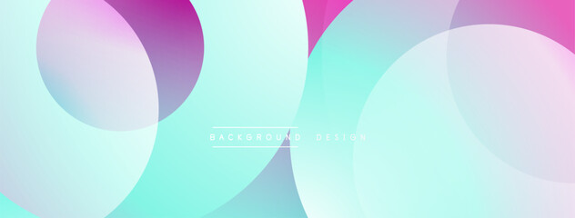 Abstract background features overlapping circles. Colors include turquoise, pink, purple, white gradients. Modern design element for projects.