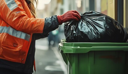 An eco-friendly recyclable black trash bag is thrown into a large