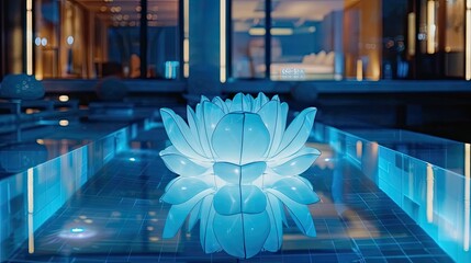 Illuminated lotus in a water feature