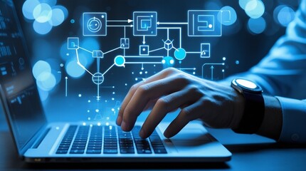 A professional in a high-tech business environment is interacting with a futuristic holographic flowchart on a laptop, projected above the keyboard.