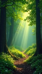 Sun-dappled forest floor, soft light filtering through leaves, creating a magical atmosphere Perfect for nature, fantasy, or fairytale themes Tranquil scene, peaceful ambiance , ethereal, vibrant
