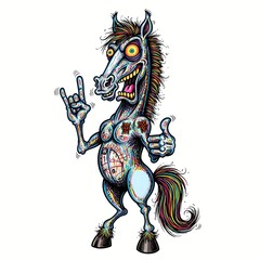 cartoon caricature illustration of a crazy funny wild horse, pony, silly, goofy, humor, expressive, caricature, low brow, crazy, humor, creature, exaggerated, goofy, goofy equine,  crazy horse
