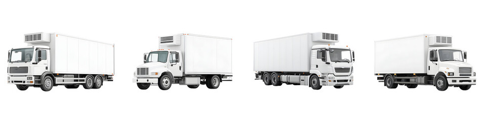Refrigerated trucks in various angles showcasing modern, functional designs, ideal for transportation of perishable goods, emphasizing efficiency and reliability in logistics.
