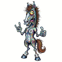 Fototapeta premium cartoon caricature illustration of a crazy funny wild horse, pony, silly, goofy, humor, expressive, caricature, low brow, crazy, humor, creature, exaggerated, goofy, goofy equine, crazy horse