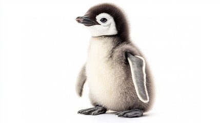 Curious baby penguin standing on its tiny webbed feet fluffy gray feathers visible isolated on a white background
