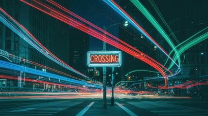 Nocturnal Metropolis: A Luminous Crossing Sign Amidst a Symphony of Colorful Light Trails