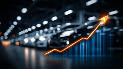 Automotive Sales Growth: An upward trending graph overlays a row of new cars in a showroom, symbolizing growth and success in the automotive industry.