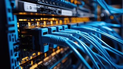 Naklejka premium A close up shot of network cables and server equipment