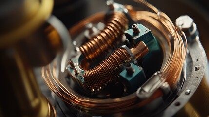 Close-up of electric motor components with copper wiring and magnetic coils