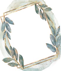 Elegant frame of thin golden lines and green laurel leaves on soft mint watercolor spot hand painted composition for wedding design invitations branding and natural decor in botanical style on white