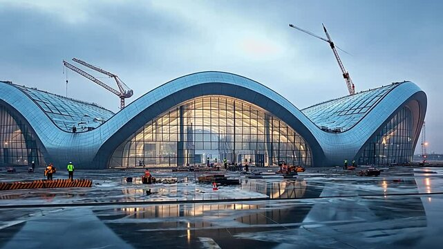 Architectural marvel airport terminal building under construction reflecting sky