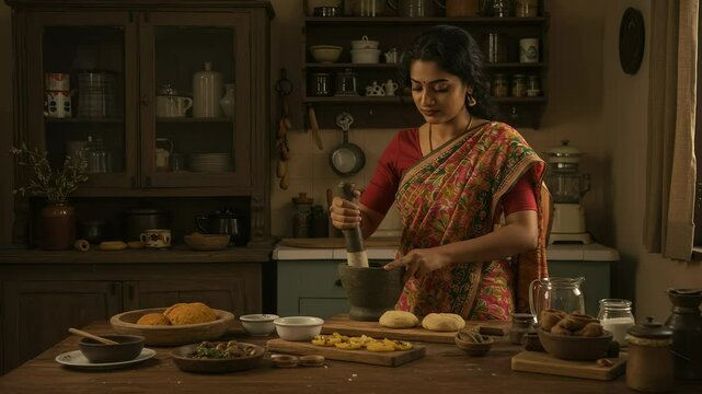 Woman in traditional Indian attire grinds spices with mortar and pestle in warm kitchen