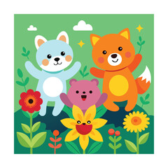 Naklejka premium Happy Garden Animals Group Illustration