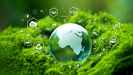 ESG Concept Globe with icons for environment, society and governance in sustainable and ethical business practices and net zero carbon technology Global environmental organization