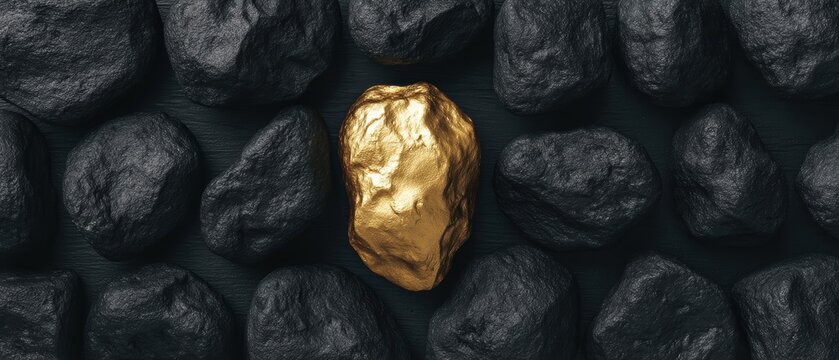 A single gold nugget stands out among several black coal stones, highlighting contrast and uniqueness.