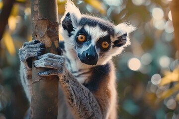Curious lemur clinging to a tree branch its big round eyes staring into the camera dense tropical forest in the background soft natural lighting