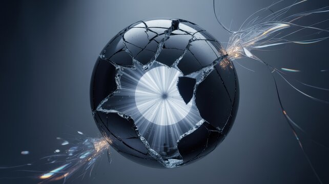 Shattered Obsidian Sphere Unleashing Inner Radiance and Energetic Tendrils of Light