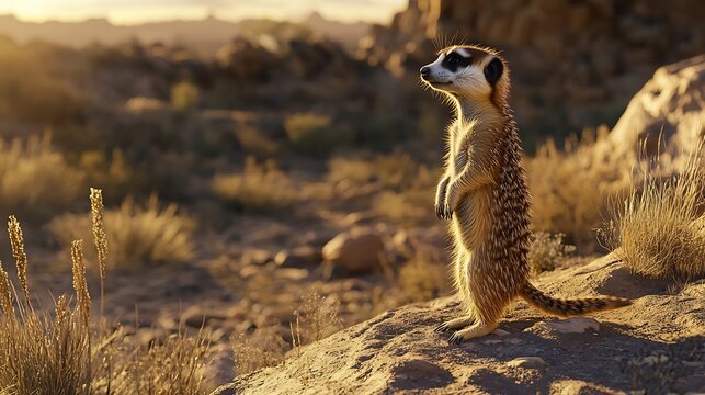 Curious meerkat standing tall on its hind legs scanning the arid landscape for predators golden desert hues ultra realistic details