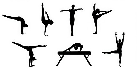 Yoga pose silhouettes featuring female figures in flexible and meditative postures set 