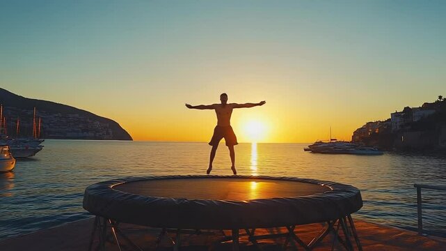 Silhouette man jumps on trampoline at sunset over the sea, active lifestyle concept