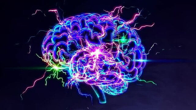 A vibrant, neon-style digital brain with electric sparks, viewed from a side angle, resembling a futuristic video game aesthetic. Live desktop wallpaper. - Powered by Adobe