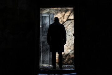Shadowy figure standing in the doorway of a mysterious building silhouette